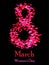 Woman day greeting card. Digit Eight made of many hearts. Greeting card for the 8 of March.