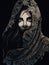 A woman dd in a swirling cloak of lace and velvet her face a mask of agonized sorrow. Gothic art. AI generation