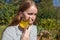 Woman and dead leaf