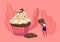 Woman Decorate Festive Cupcake with Chocolate, Cream and Cookies. Tiny Female Character Decorating Huge Pie