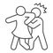 Woman defending herself from bandit thin line icon, self defense concept, girl beats man in head with elbow sign on