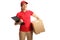 Woman delivery worker holding a clipboard and a box