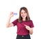 Woman dental braces smile holding Pointing finger credit card. closeup on white background