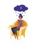 Woman in depression and stress is sitting in a chair at home. Sad character with a cloud, rain and lightning over his head.
