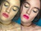 Woman before and after digital makeup and retouching makeover on face. Transformation concept.