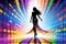 Woman digital silhouette dancing on disco stage. illuminated by cascading colorful binary code