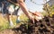 A woman digs a garden with a shovel