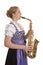 Woman in dirndl dress playing saxophone