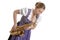 Woman in dirndl dress playing saxophone