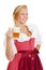 Woman in dirndl drinking beer