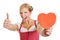 Woman in dirndl holding heart and thumbs up