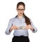 Woman with disdain holding hundred dollar bill