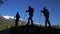 Woman do Nordic walking in nature on mountain. Silhouette. Girls and children use trekking sticks and nordic poles
