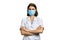 Woman doctor in face mask on white background.
