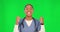 Woman, doctor and happy celebration by green screen with success, winning and excited for mockup. Young female medic
