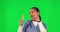 Woman, doctor and happy dancing by green screen with moving, face and pointing with mockup space. Young female medic