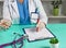 Woman doctor holds various pills in hand. Panacea, rescue service, prescribe drugs, legal pharmacy, treatment of