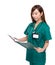 Woman doctor look at clipboard