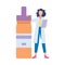 Woman doctor or pharmacologist with drugs, flat vector illustration isolated.