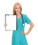 Woman doctor showing clipboard