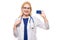 Woman doctor with stethoscope and business card