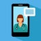 Woman doctor with stethoscope on the screen, concept of online diagnostics, vector illustration in flat style. smartphone medical