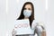 Woman doctor tear sheet virus covid-19 message coronavirus. Quarantine to fight corona virus pandemic