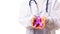 Woman doctor white uniform hold purple ribbon on hand