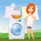 Woman does laundry with washing machine in the outdoor lawn