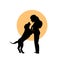 Woman and a dog hug cuddle cute silhouette