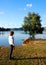 Woman and dog at Lake Eildon