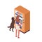 Woman and dog stand near vending machine vector isometric illustration. Female and pet choosing snack and drink isolated