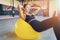 Woman doing abdominal crunches pilates exercise on exercise fitness ball at gym. Exercises for the abs. Swiss ball