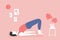 Woman doing bridge pose, yoga or pilates training at home. Cozy pink room interior. Vector flat illustration.