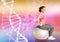 woman doing exercise with a ball and dna chain and colors background