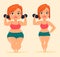 Woman doing exercises with dumbbells. Fat and slim girl before and after losing weight.