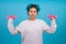 Woman doing gymnastics with aerobics weights isolated