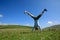 Woman doing a handstand in a mountain peak