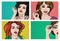 Woman doing makeup. Beautiful girls with cosmetics, lipstick, eyebrows, skin, mascara. Pop art, retro, comics style set