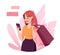 Woman doing online shopping. Cheerful cartoon character.