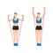 Woman doing Resistance band standing shoulder press. overhead press exercise