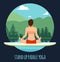 Woman doing Stand Up Paddling Yoga on Paddle Board on Water at lake Mountain landscape Stand Up Paddle Yoga Workout