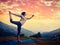 Woman doing yoga asana Natarajasana outdoors at waterfall