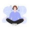 Woman doing yoga, listening to music at home, female character in wireless headphones in lotus position, calm peaceful