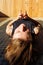 woman doing yoga on the street. Fit woman doing stretching exercises. hands close up