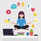 Woman doing yoga at workplace in office with social network, media icon. Worker sitting in padmasana lotus pose on desk with