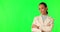 Woman, doubt and thinking mockup on green screen with decision, choice or brainstorming a solution on studio background