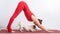 Woman in downward facing dog pose with her pet. Yoga with Jack Russell Terrier dog