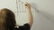 A woman draws a ruble currency chart on a white board. Time laps