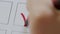 Woman draws a tick on voting blank. Close up hand writing a checkmark or vote